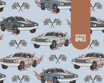 Race Car Seamless File, Fast Car Seamless Patterns For Commercial Use, Vehicle Seamless pattern, Boy Gender Neutral seamless file, On blue