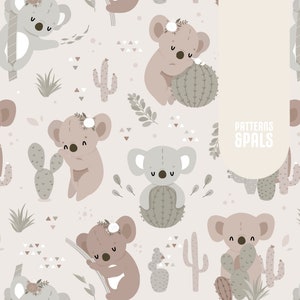 Boho Koala Seamless Pattern, Boho Neutral Repeat Pattern File for Commercial Use, Earth tones seamless file