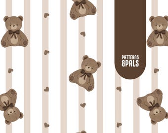 Teddy Bear Nursery Seamless Neutral Pattern File For Commercial Use, Beige Stripes Teddy Bears, Plaid Repeat Design