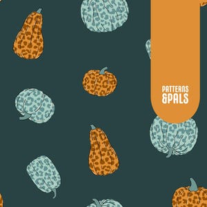Leopard Print Pumpkin Pattern, Teal and Orange Fall Seamless Design, Trendy Autumn Halloween Fabric File For Commercial Use