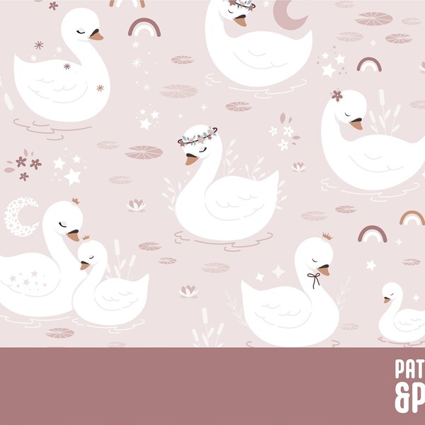 Boho Swans Repeating File, Pink Seamless Pattern for Fabric, Digital Paper, For Commercial Use Nursery Design