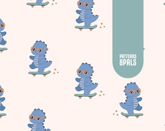 Skater Dinosaurs Kids Seamless Repeat Pattern Neutral for Commercial Use, Dino Theme Design, Skateboard Seamless Pattern,Design For Baby Boy