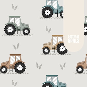 May include: A seamless pattern featuring cartoon tractors in various colours, including brown, green, and blue, on a light grey background. The tractors have black wheels and ladders. The pattern also includes small sprigs of wheat in grey.