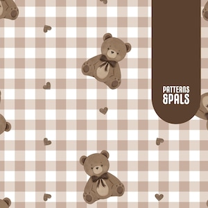Teddy Bear Nursery Seamless Neutral Pattern File For Commercial Use, Beige Gingham Teddy Bears, Plaid Repeat Design