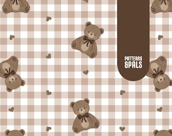 Teddy Bear Nursery Seamless Neutral Pattern File For Commercial Use, Beige Gingham Teddy Bears, Plaid Repeat Design