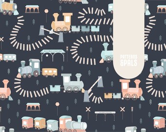 May include: A seamless pattern featuring colorful toy trains on a dark blue background. The trains are in various colors, including blue, yellow, pink, and green. The pattern also includes train tracks, trees, and other train-related elements. The text "Patterns & Pals" is in the upper right corner of the image.
