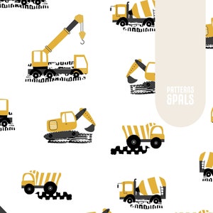 Puede incluir: Un patrón sin costuras con vehículos de construcción amarillos sobre un fondo blanco. Los vehículos incluyen una grúa, una excavadora y una mezcladora de cemento. El patrón es perfecto para telas, papel tapiz o papel de regalo.
