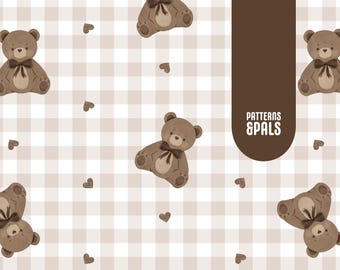 Teddy Bear Nursery Seamless Neutral Pattern File For Commercial Use, Beige Gingham Teddy Bears, Plaid Repeat Design