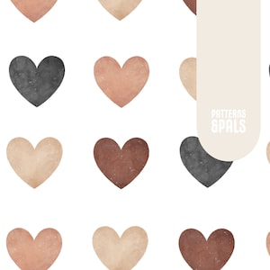May include: A seamless pattern featuring a repeating design of watercolor hearts in various shades of brown, beige, and gray. The text "PATTERNS & PALS" is displayed on a white rectangle.