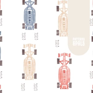 May include: A seamless pattern featuring watercolour illustrations of race cars in red, blue, and beige. The cars are facing upwards and have tyre tracks behind them. The text "PATTERNS & PALS" is in the centre of the image.