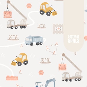 May include: A seamless pattern featuring a variety of construction vehicles, including a crane, a dumper truck, a bulldozer, and a backhoe. The pattern is set against a light grey background with white lines and orange traffic cones. The text "PATTERNS & PALS" is featured in the centre of the pattern.