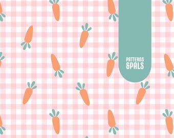 Pink Gingham Carrots Seamless Digital Pattern, Easter Seamless Repeat Pattern, Fabric Pattern, Seamless Digital File
