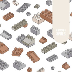 Pode incluir: Um padrão sem costura de blocos de construção de brinquedo coloridos em várias formas e tamanhos. Os blocos são dispostos em um padrão aleatório sobre um fundo branco. O texto "PATTERNS & PALs" está no centro da imagem.