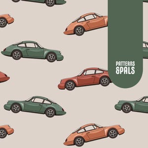 May include: A seamless pattern featuring various colored vintage cars, including red, green, and orange, against a light beige background. The text "PATTERNS & PALS" is displayed in a green rectangle.