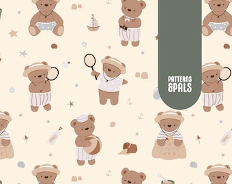 Summer Bear Nursery Seamless Neutral Boho Pattern File For Commercial Use, Teddy Bears Summer Beach Repeat Design