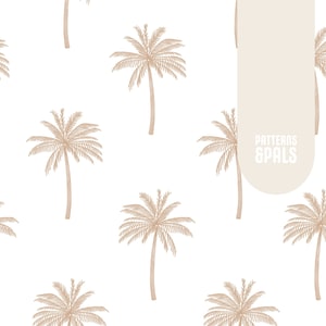 Op de afbeelding: Een naadloos patroon met een herhalend ontwerp van bruine palmbomen op een witte achtergrond. De tekst "PATTERNS & SPALS" staat in een wit rechthoek op een beige achtergrond.