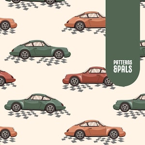 Può includere: Uno schema senza cuciture con tre auto d'epoca di colori diversi su uno sfondo crema. Le auto sono rosse, verdi e arancioni. Lo schema si ripete su tutta l'immagine. Il testo "Patterns & Pals" è al centro dell'immagine.