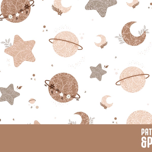 Moon And Stars Seamless Boho Repeat Pattern Neutral for Commercial Use, Space theme digital download file