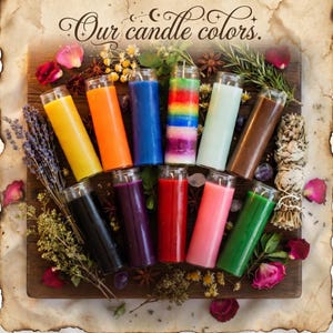 Ten colorful 7 day candles in glass jars arranged on a wooden board, surrounded by dried flowers, herbs, and crystals with the text Our candle colors.