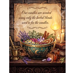 A decorative bowl filled with herbs, crystals, and citrus sits on a table with candles, a mortar and pestle, and a sign about herbal candle scents.