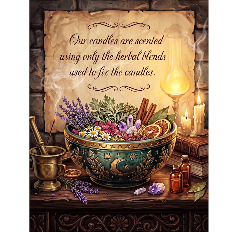 A decorative bowl filled with herbs, crystals, and citrus sits on a table with candles, a mortar and pestle, and a sign about herbal candle scents.