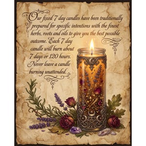A burning candle in a decorated glass jar surrounded by herbs, roses, and crystals on parchment paper with text about seven-day intention candles.