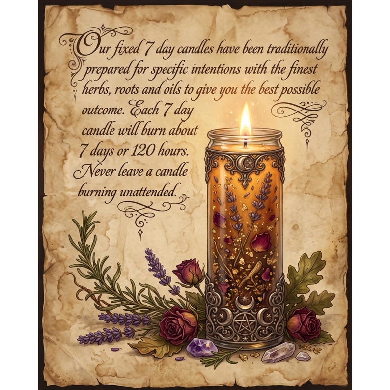 A burning candle in a decorated glass jar surrounded by herbs, roses, and crystals on parchment paper with text about seven-day intention candles.