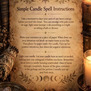 A parchment paper with the title Simple Candle Spell Instructions, surrounded by a sage bundle, a lit candle, and books in a warm, mystical setting.