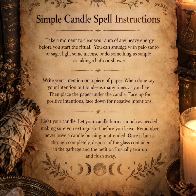 A parchment paper with the title Simple Candle Spell Instructions, surrounded by a sage bundle, a lit candle, and books in a warm, mystical setting.