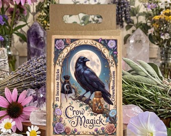 May include: A rectangular brown cardboard box containing 25 incense sticks, labeled Crow Magick. The front features an illustration of a black crow perched on a branch against a full moon, with a small pouch and a glass jar, surrounded by flowers.