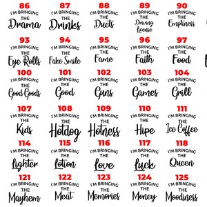 Puede incluir: Una colecci&oacute;n de gr&aacute;ficos de texto en blanco y negro, cada uno con la frase "I'M BRINGING THE" seguida de una palabra diferente. Las palabras incluyen "Drama", "Drinks", "Family", "Love" y m&aacute;s.