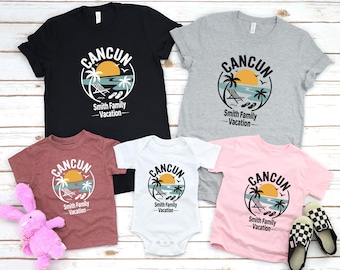Personalized Cancun Family Vacation T-Shirt: Tropical Sunset Design