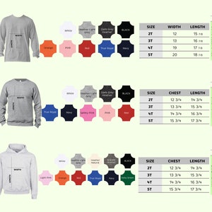 Puede incluir: Imagen de productos de ropa para ni&ntilde;os peque&ntilde;os, incluyendo camisetas de manga larga, sudaderas y sudaderas con capucha. Se muestran muestras de color junto con tablas de tallas con medidas en pulgadas para ancho, pecho y largo. Los colores disponibles incluyen blanco, naranja, rosa, rojo y azul marino.
