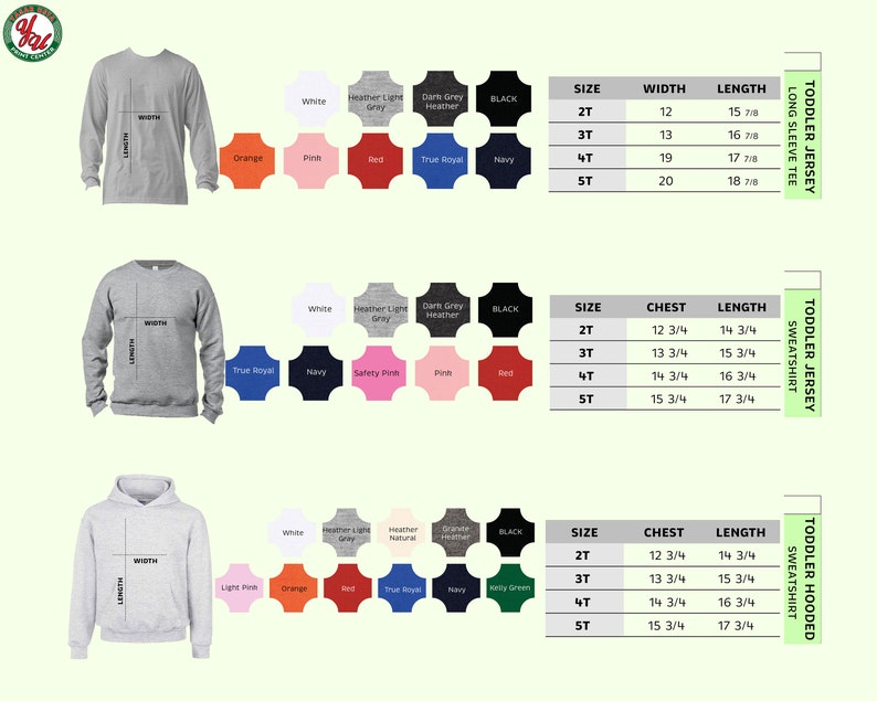 Puede incluir: Imagen de productos de ropa para ni&ntilde;os peque&ntilde;os, incluyendo camisetas de manga larga, sudaderas y sudaderas con capucha. Se muestran muestras de color junto con tablas de tallas con medidas en pulgadas para ancho, pecho y largo. Los colores disponibles incluyen blanco, naranja, rosa, rojo y azul marino.