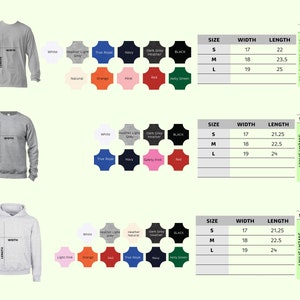 Puede incluir: Imagen de ropa juvenil, incluyendo una camiseta de manga larga, una sudadera de cuello redondo y una sudadera con capucha. Se muestran muestras de color y tablas de tallas, con medidas de ancho y largo en cm para las tallas S, M y L.