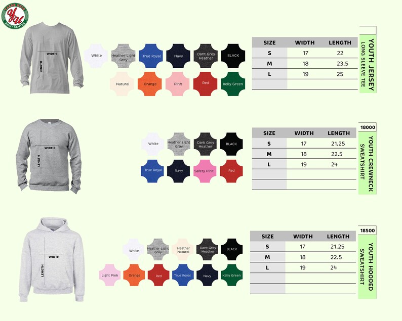 Puede incluir: Imagen de ropa juvenil, incluyendo una camiseta de manga larga, una sudadera de cuello redondo y una sudadera con capucha. Se muestran muestras de color y tablas de tallas, con medidas de ancho y largo en cm para las tallas S, M y L.