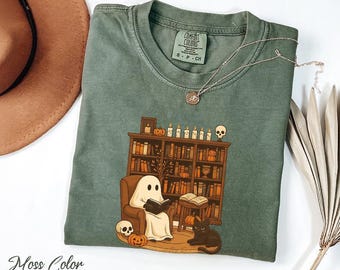 Ghost Book Reader Shirt: Halloween Library Comfort Colors Tee