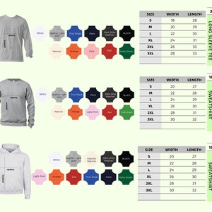 Puede incluir: Cat&aacute;logo de productos con una camiseta de manga larga, una sudadera de cuello redondo y una sudadera con capucha. Cada estilo est&aacute; disponible en varios colores, con medidas en cm.