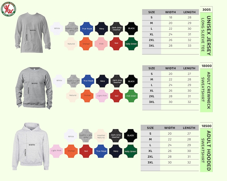 Puede incluir: Cat&aacute;logo de productos con una camiseta de manga larga, una sudadera de cuello redondo y una sudadera con capucha. Cada estilo est&aacute; disponible en varios colores, con medidas en cm.
