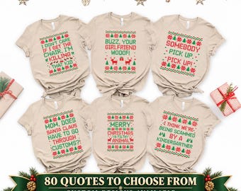 Peut inclure: Six t-shirts à manches courtes beiges avec des motifs et du texte de Noël en rouge et vert. Les t-shirts affichent diverses citations de vacances, notamment "Merry Christmas Ya Filthy Animal" et "I Don't Care If I Get The Chair, I'm Killing That Kid."