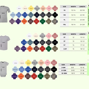 Puede incluir: Imagen de camisetas y bodies para beb&eacute;s en varios colores. Se incluyen tablas de tallas para tallas de j&oacute;venes, ni&ntilde;os peque&ntilde;os y beb&eacute;s, con medidas en cm para ancho y largo. La imagen tambi&eacute;n muestra el logotipo de la marca.