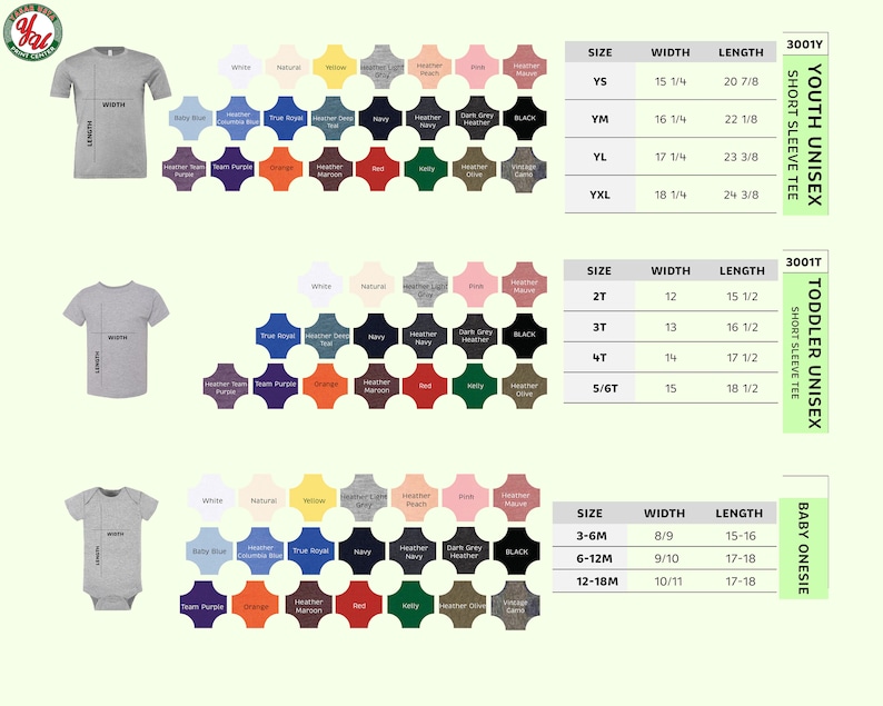 Puede incluir: Imagen de camisetas y bodies para beb&eacute;s en varios colores. Se incluyen tablas de tallas para tallas de j&oacute;venes, ni&ntilde;os peque&ntilde;os y beb&eacute;s, con medidas en cm para ancho y largo. La imagen tambi&eacute;n muestra el logotipo de la marca.
