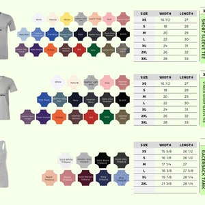 Puede incluir: Imagen de producto que muestra una variedad de camisetas y camisetas sin mangas. La imagen incluye tablas de tallas con medidas en cm para camisetas de manga corta unisex para adultos, camisetas con cuello en V y camisetas sin mangas racerback triblend para mujer. Tambi&eacute;n se muestran muestras de color.