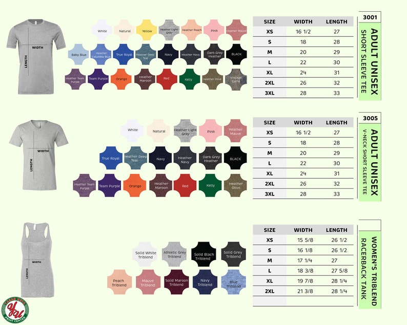 Puede incluir: Imagen de producto que muestra una variedad de camisetas y camisetas sin mangas. La imagen incluye tablas de tallas con medidas en cm para camisetas de manga corta unisex para adultos, camisetas con cuello en V y camisetas sin mangas racerback triblend para mujer. Tambi&eacute;n se muestran muestras de color.