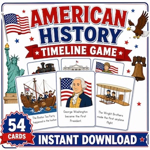 Tijdlijnspel Amerikaanse geschiedenis Afdrukbaar thuisonderwijs Kaarten klassikaal lesgeven Educatief activiteitencurriculum