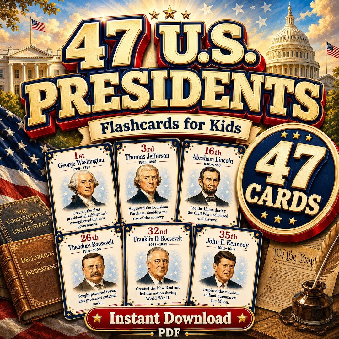 47 U.S. Presidents Flashcards for Kids, American History Printable ...