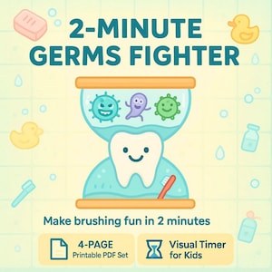 May include: A colorful illustration promoting dental hygiene for kids. The image features an hourglass with a tooth in the center, a toothbrush, and the text "2-MINUTE GERMS FIGHTER". Additional elements include a bar of soap, a rubber duck, and a bottle.