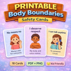 Puede incluir: Tarjetas de seguridad imprimibles de Límites Corporales con ilustraciones y texto. Las tarjetas presentan frases como "No significa no", "Merezco respeto" y "Puedo hablar en cualquier momento". Las tarjetas están etiquetadas como "18 Tarjetas", "PDF + PNG" y "Apto para niños".