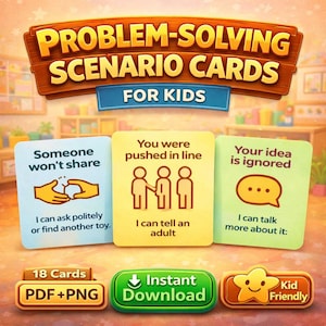 Karty scenariuszy rozwiązywania problemów dla dzieci: Pakiet aktywności SEL (pliki PDF do druku + PNG)