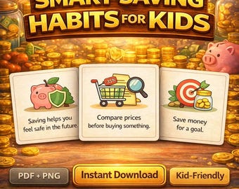 Saving Cards for Kids Printable Financial Literacy Flashcards Money Skills Budgeting Activity PDF PNG